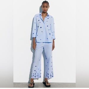 ZARA JEWEL POPLIN PANTS and BUTTON DOWN TOP. Baby blue with dark blue stones
